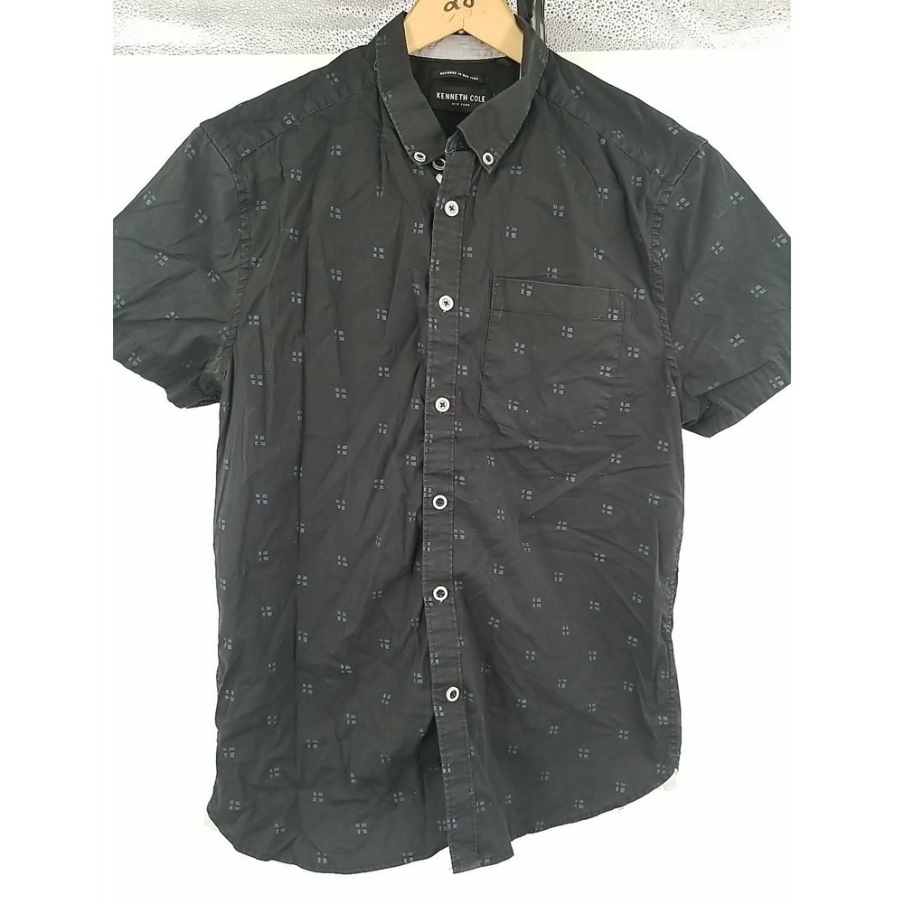 Kenneth Cole Mens Black Geometric Short Sleeve Button Up Shirt Size Medium